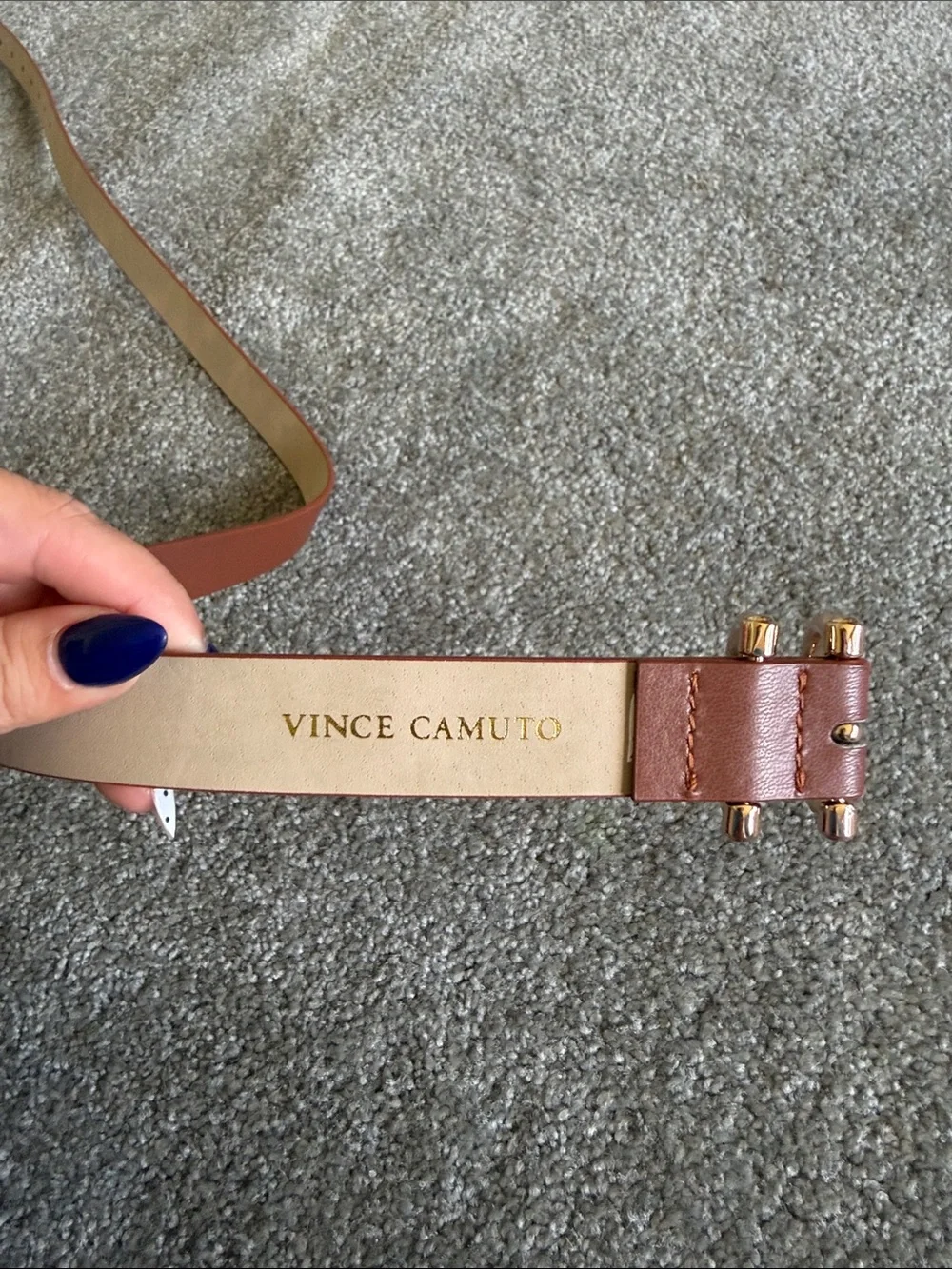 Vince Camuto Slim Brown Leather Belt with Gold Double-Ring Buckle - Picture 2 of 2